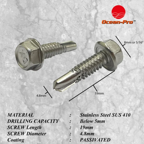 Material: Stainless Steel SUS 410 Drilling Capacity: Below 5mm Screw length: 19mm Screw Diameter: 4.8mm Coating: Passivated