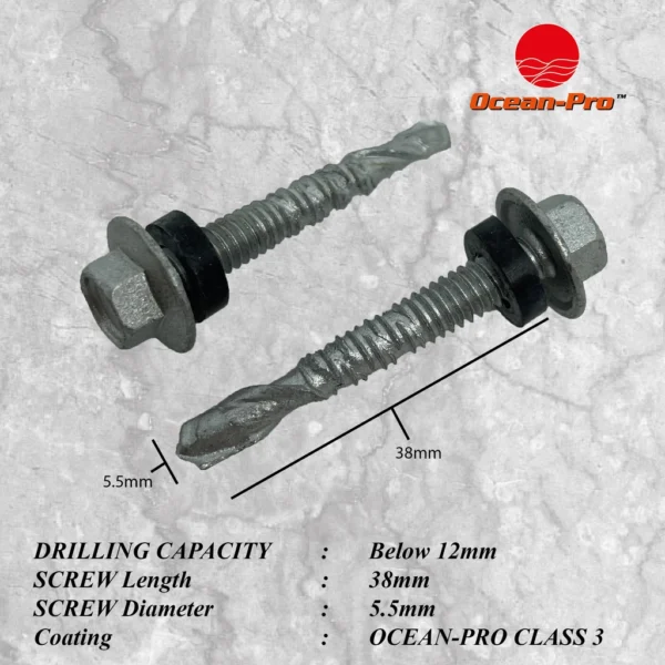 Drilling Capacity: below 12mm Screw length: 38mm Screw Diameter: 5.5mm Coating: Ocean-Pro Class 3